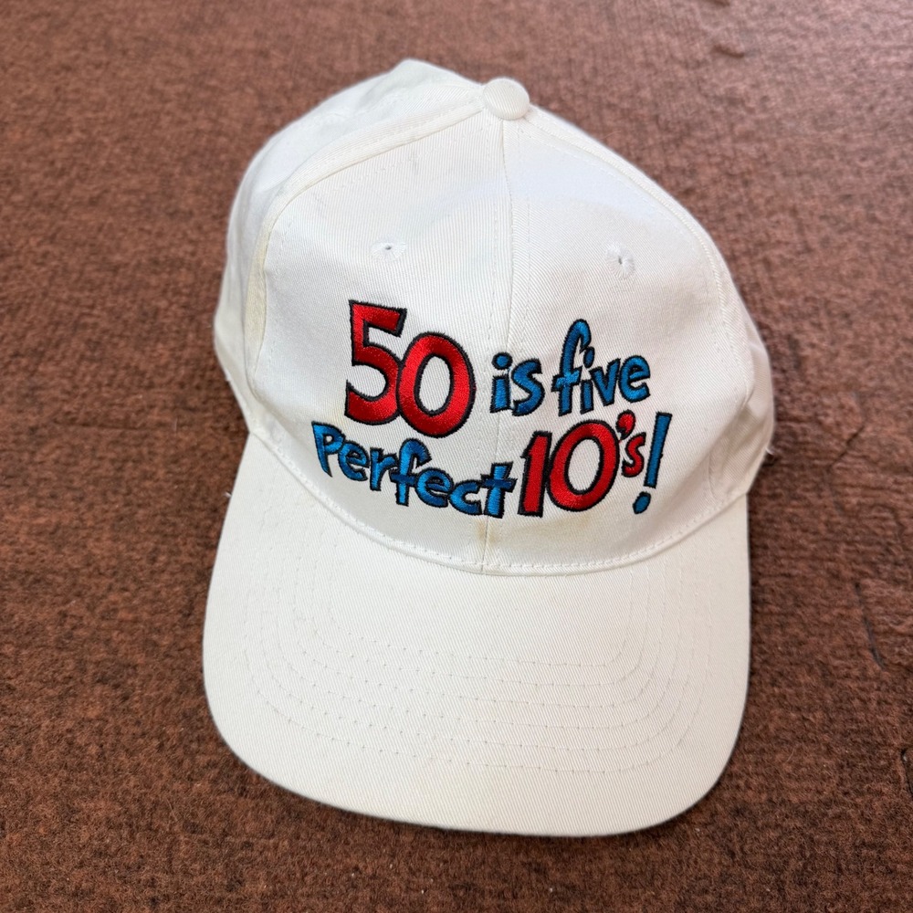 Vintage Shoebox 50th Birthday Snapback Hat White 50 is Five Perfect 10s Cotton